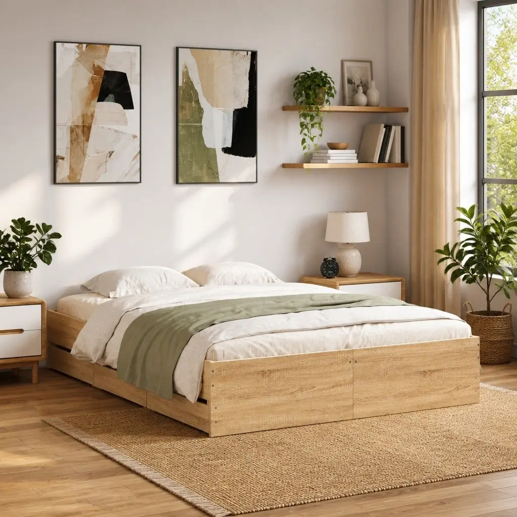 Bed Frame 150x200cm with Storage Drawers Slatted Base Engineered Wood Brown