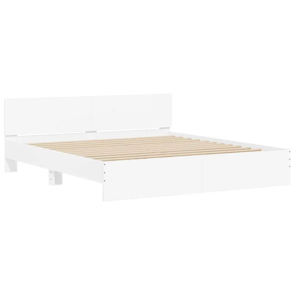 King Bed Frame 183x203 cm White Slatted Base Headboard