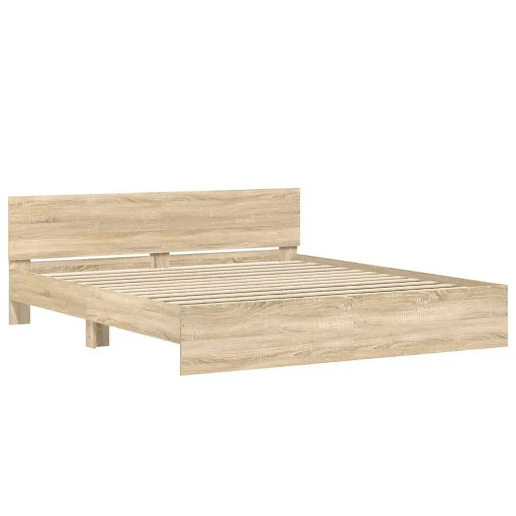 King Bed Frame 183 x 203 cm Engineered Wood Slatted Base Brown Bedroom Furniture