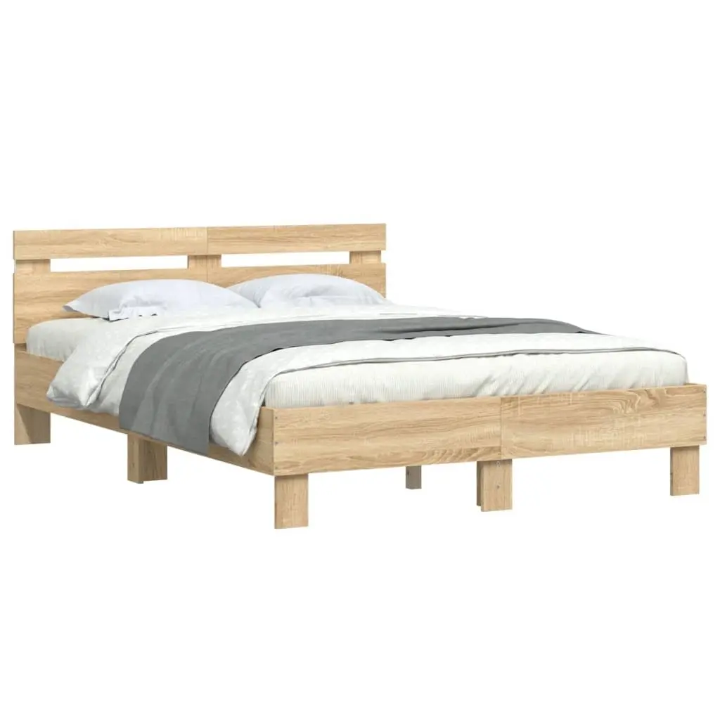 Bed Frame 135x190cm with RGB LED Lights Sonoma Oak Brown Engineered Wood Slats