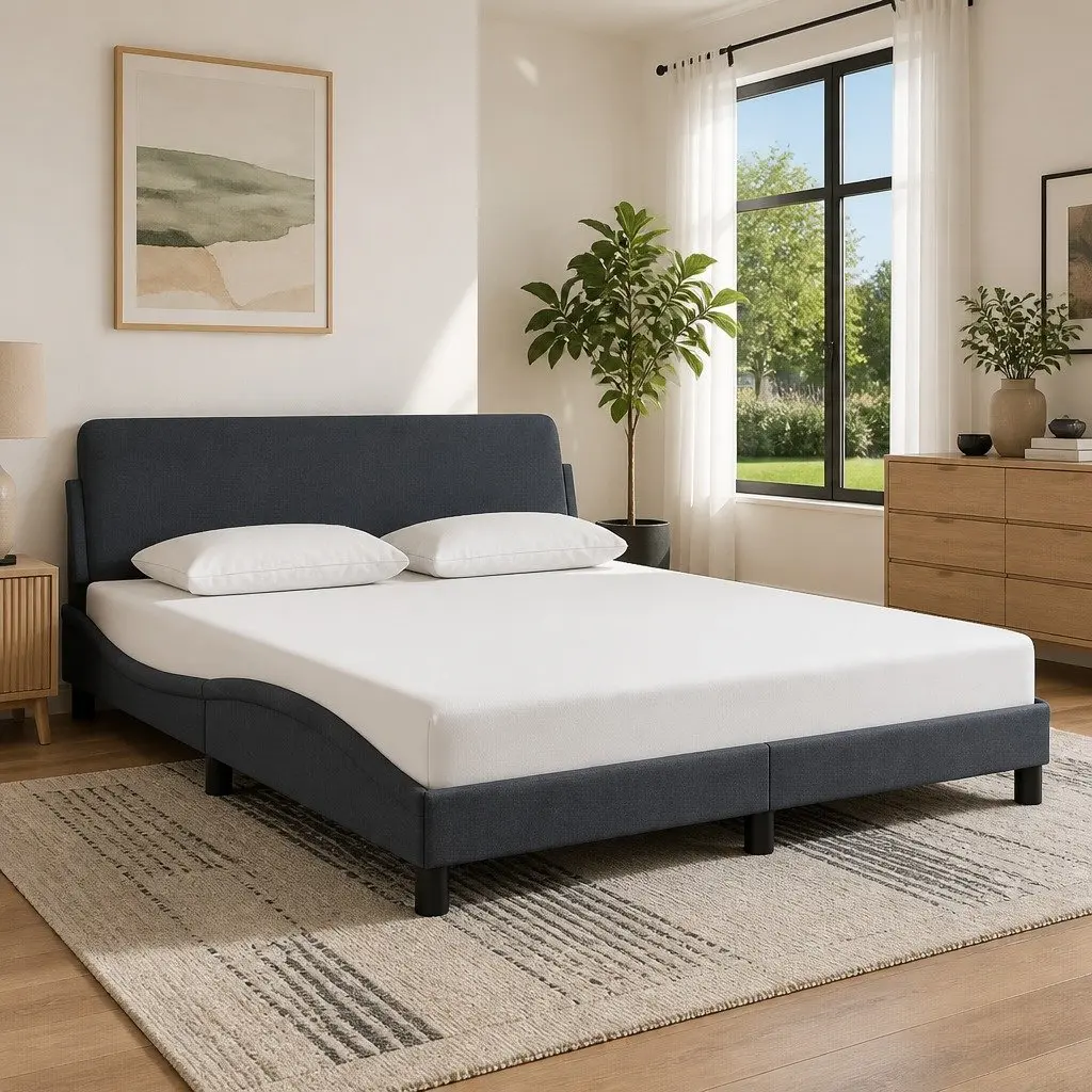 Queen Bed Frame Grey Velvet Upholstered Headboard Plywood Slats Modern Bedroom
