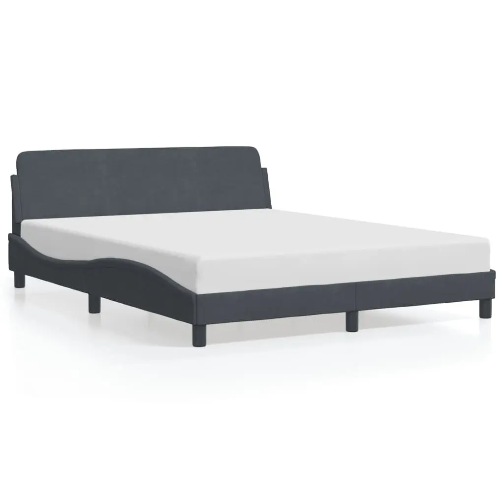 Queen Bed Frame Grey Velvet Upholstered Headboard Plywood Slats Modern Bedroom