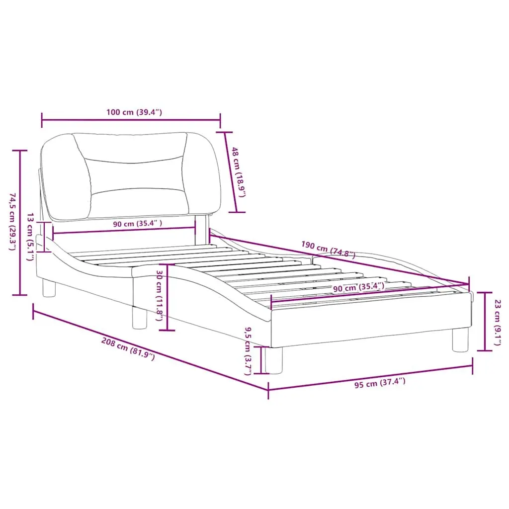 Bed Frame 90x190 cm Grey Fabric Upholstered Headboard Slatted Base