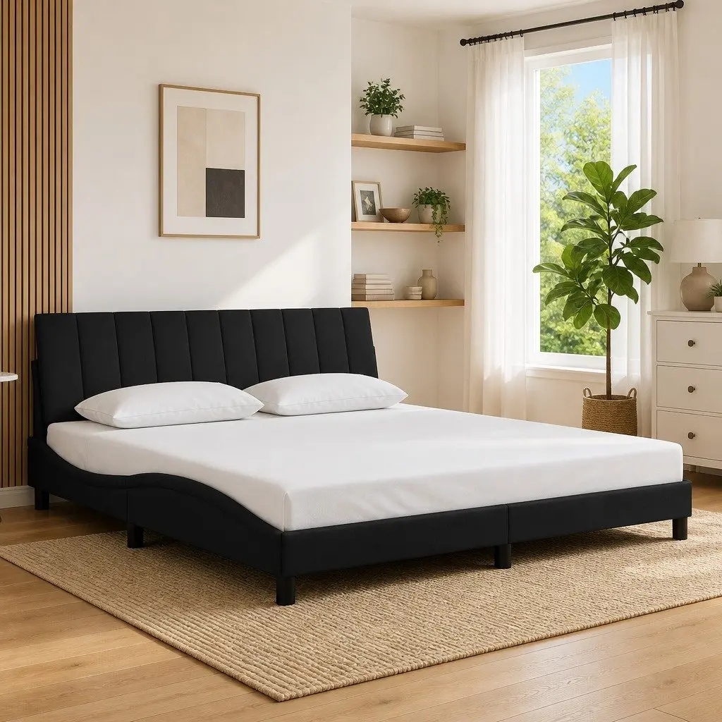 King Bed Frame 180x200 cm Velvet Black Soft Upholstered Headboard Slatted Base