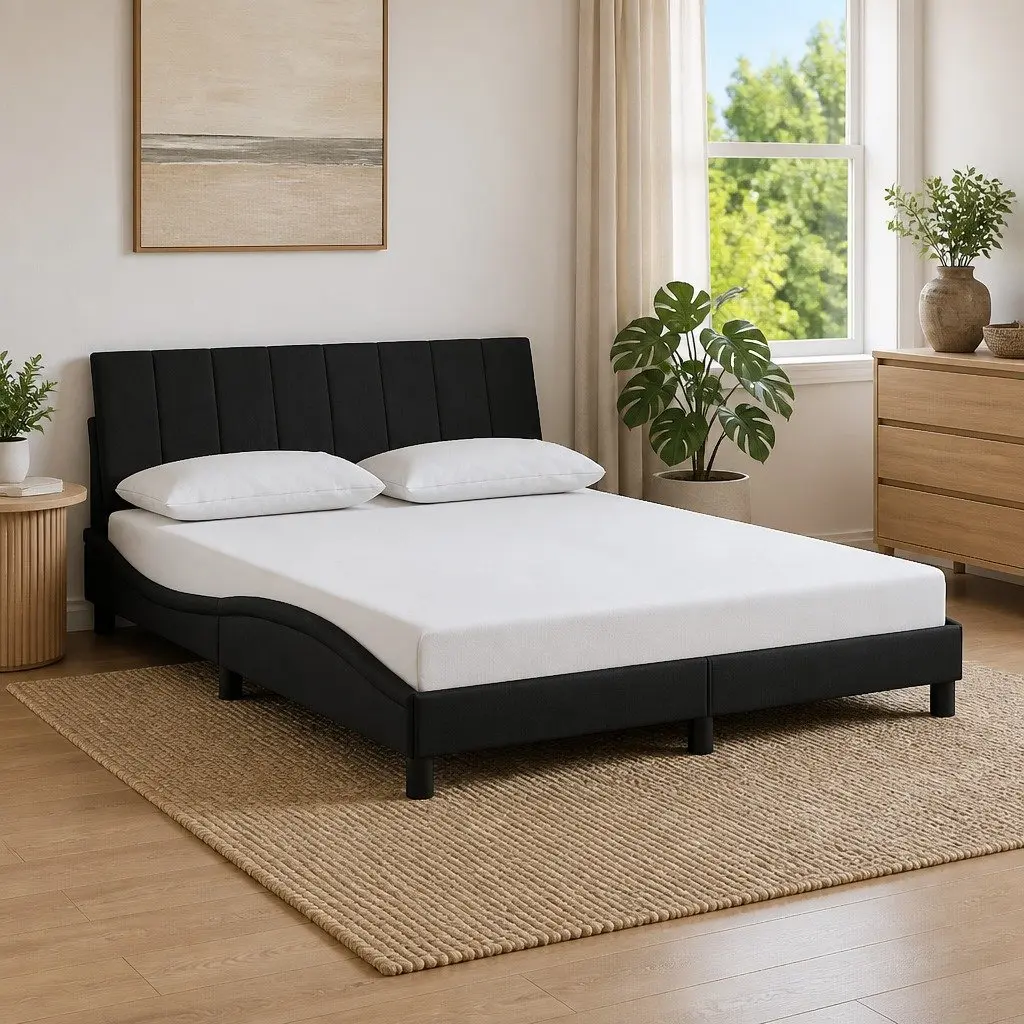 Queen Bed Frame 152x203cm Black Velvet Upholstered Foam Padded Headboard Plywood Slats