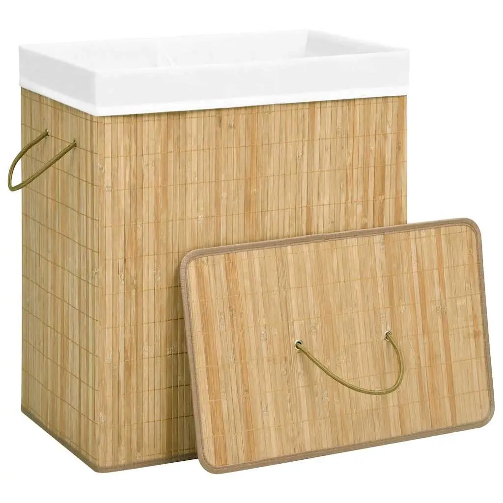 Bamboo Laundry Basket 100L 2 Sections Removable Fabric Liner
