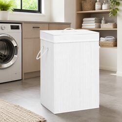 Bamboo Laundry Basket 2 Sections White Household Storage Hamper Removable Liner