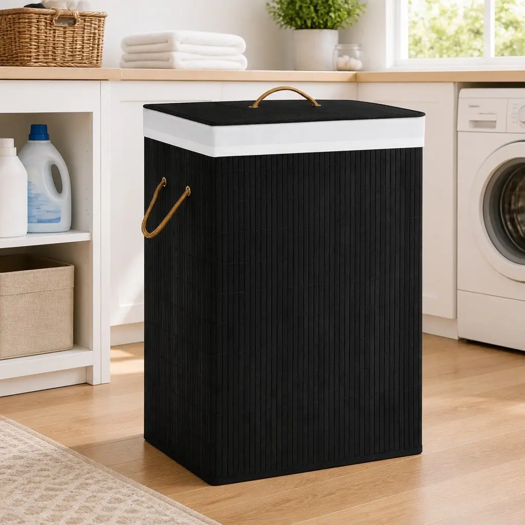 Bamboo Laundry Basket 72L 2 Sections Foldable Hamper with Liner Handles
