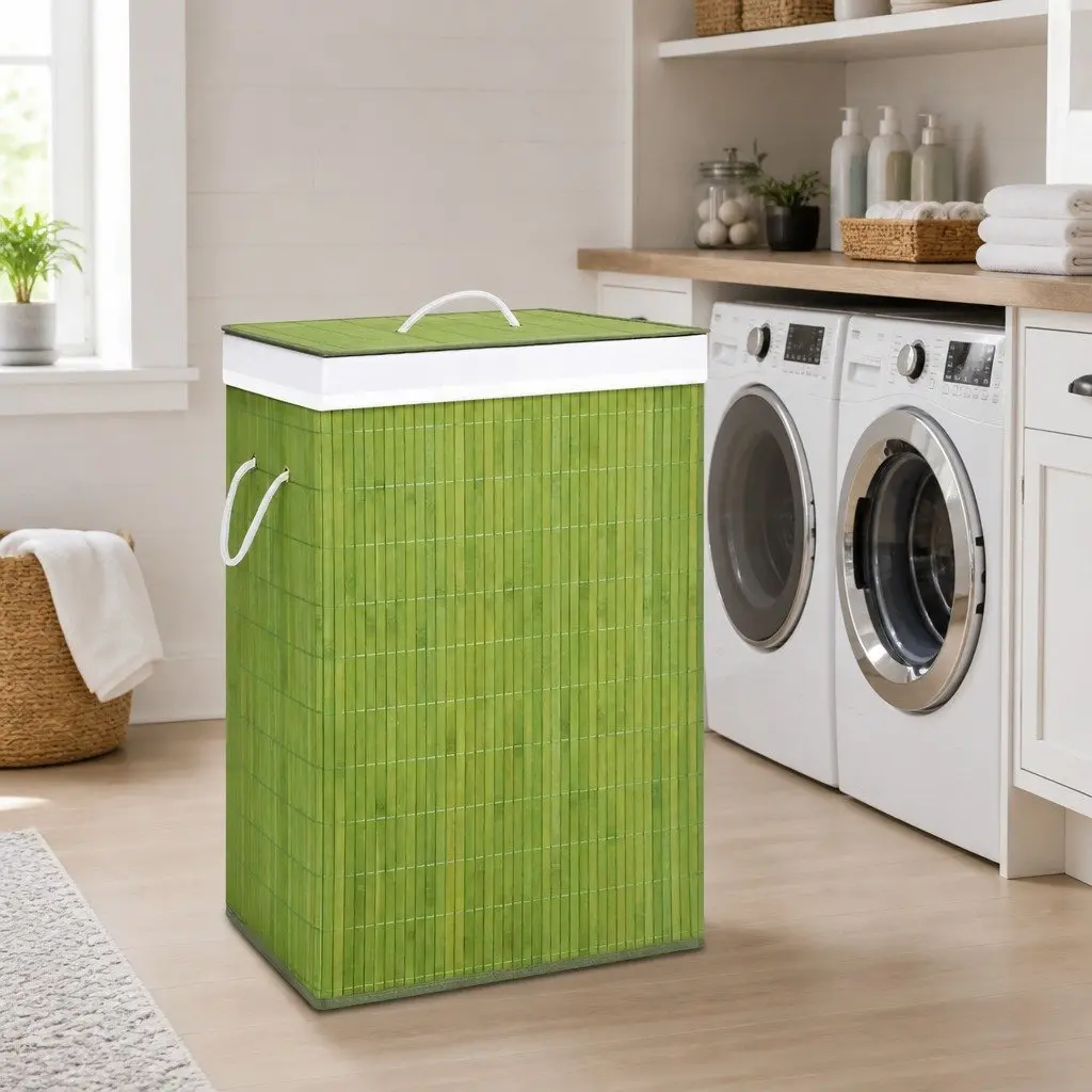 Bamboo Storage Hamper Single Section Removable Liner Household Laundry Basket Green