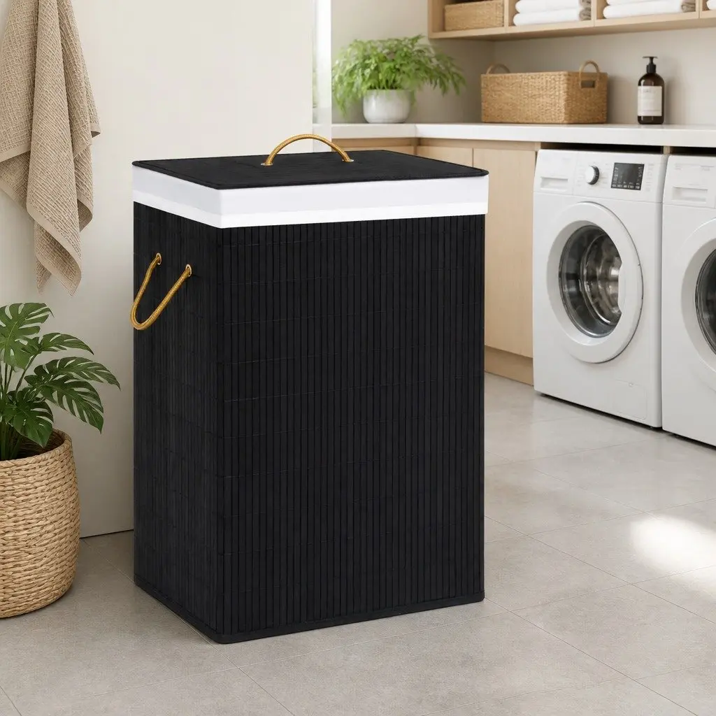 Bamboo Laundry Basket Black Single Section Removable Fabric Liner with Handles