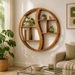 Yin Yang Wall Shelf Solid Wood Teak Storage Display Organizer Brown Home Decor