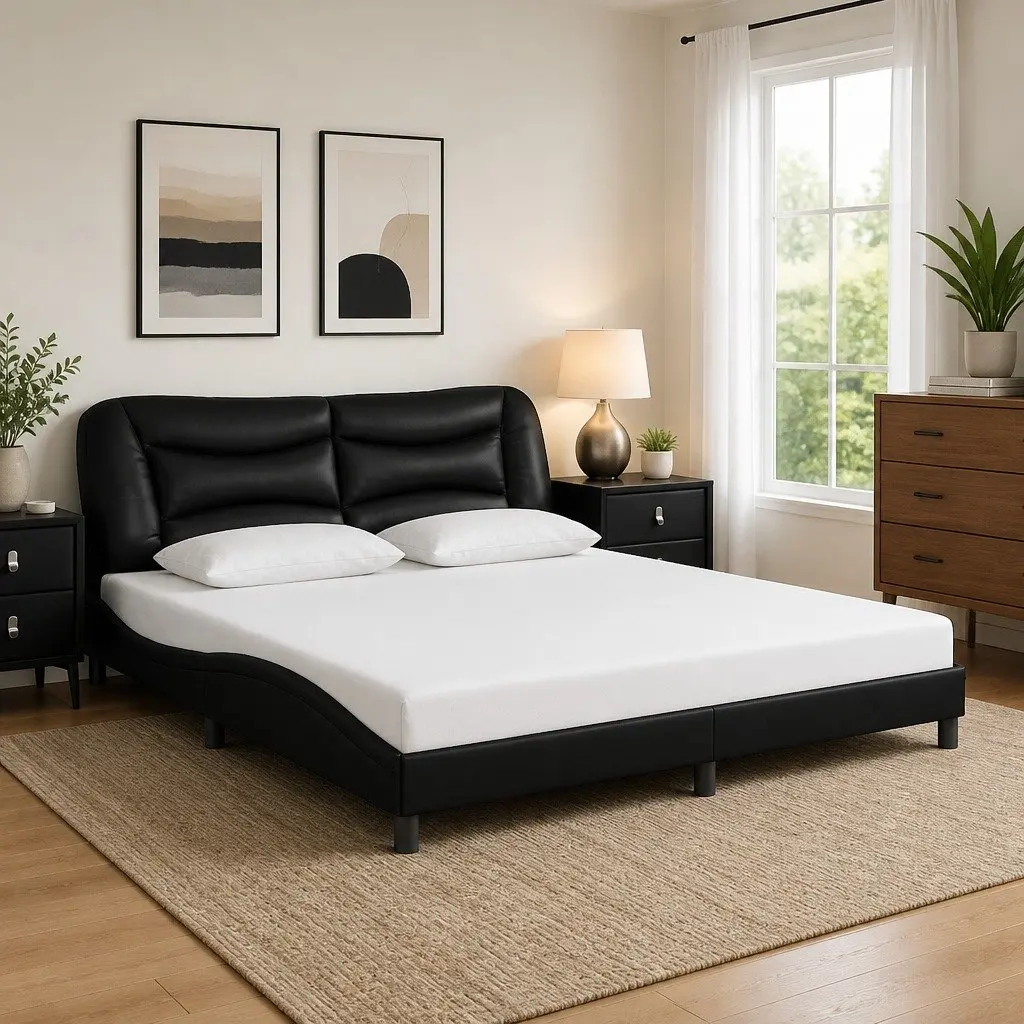King Bed Frame 180x200cm Black Faux Leather Upholstery Slatted Base System