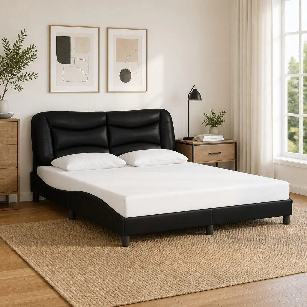 Queen Bed Frame 152x203 cm Black Faux Leather Upholstery Padded Headboard