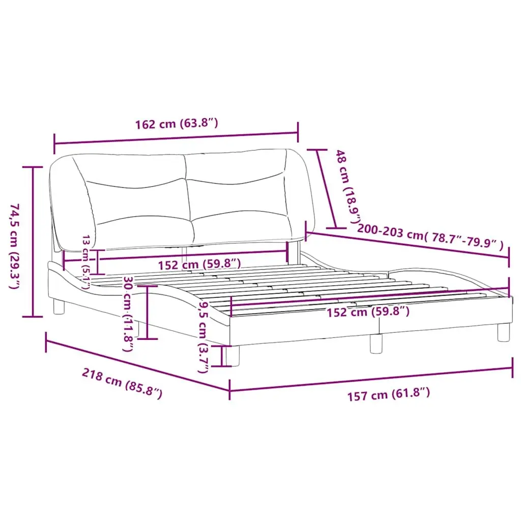 Queen Bed Frame Cushioned Black Fabric Headboard Plywood Slats 152x203cm