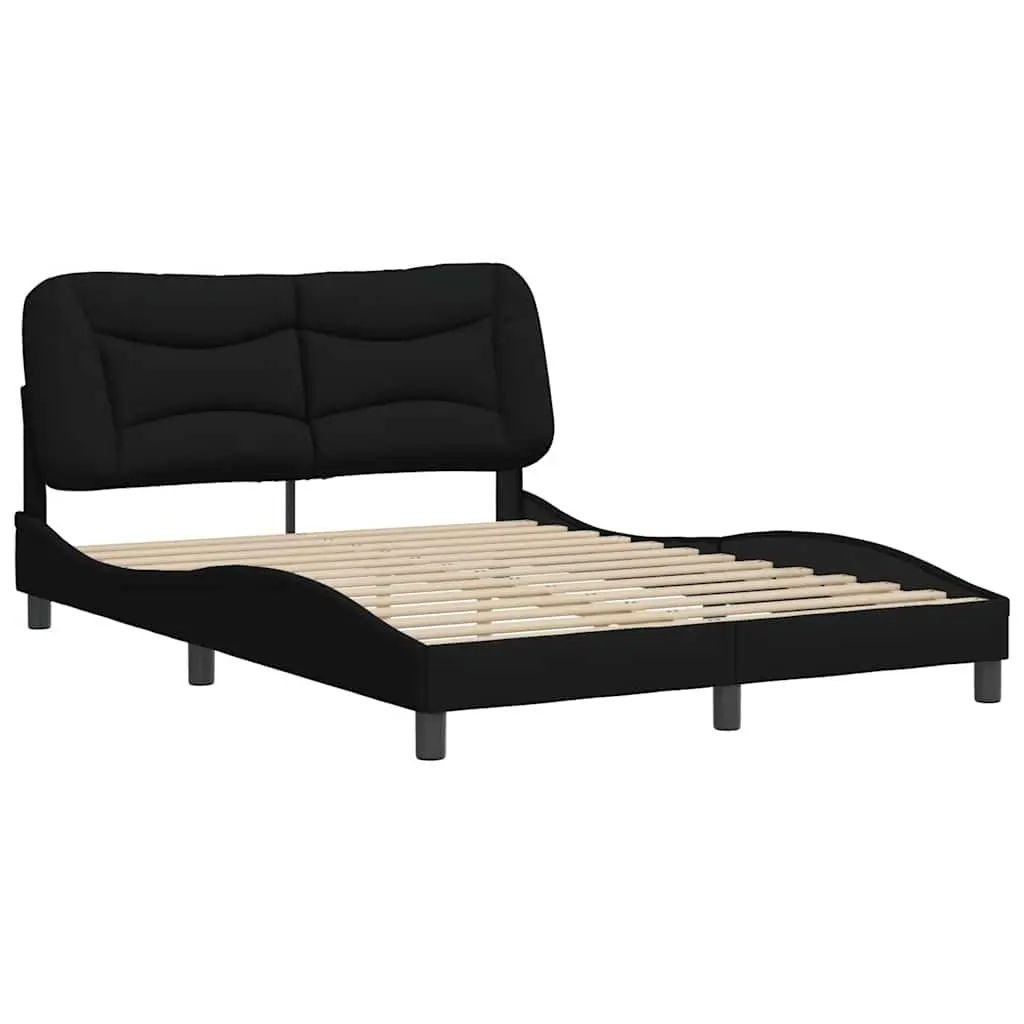 Queen Bed Frame Cushioned Black Fabric Headboard Plywood Slats 152x203cm