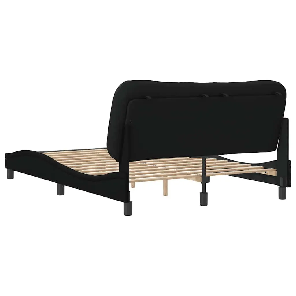 Queen Bed Frame Cushioned Black Fabric Headboard Plywood Slats 152x203cm