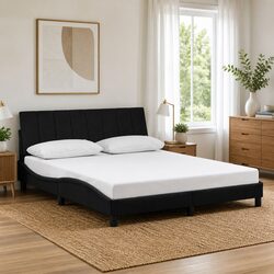 Queen Bed Frame Black Velvet Upholstered Headboard Plywood Slats 152x203 cm