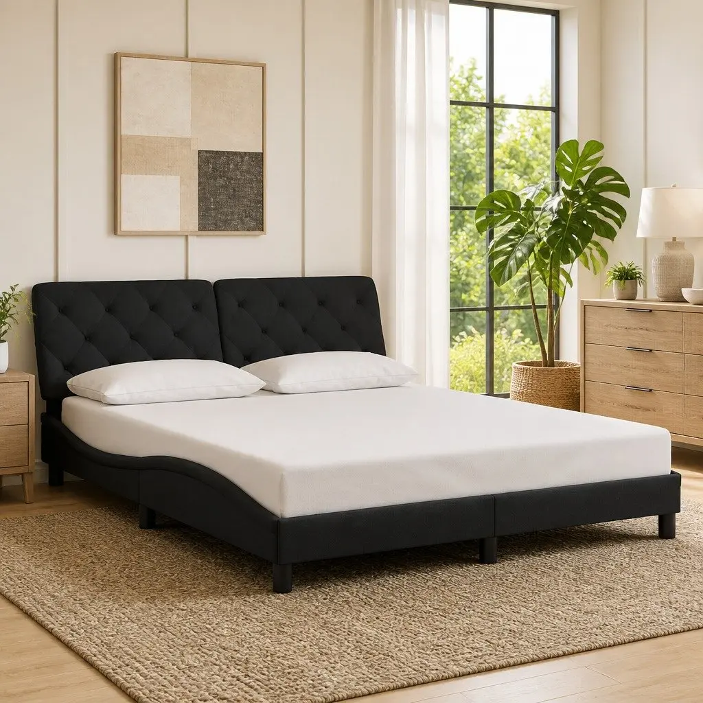 Queen Bed Frame 152x203cm Black Velvet Headboard Plywood Slats