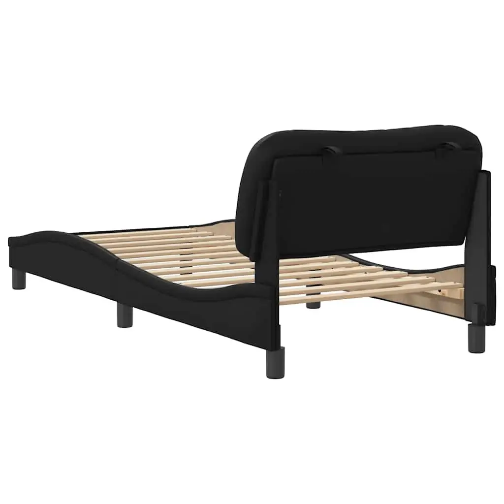 Bed Frame 90x190 cm Black Faux Leather Upholstered Headboard Slatted Base