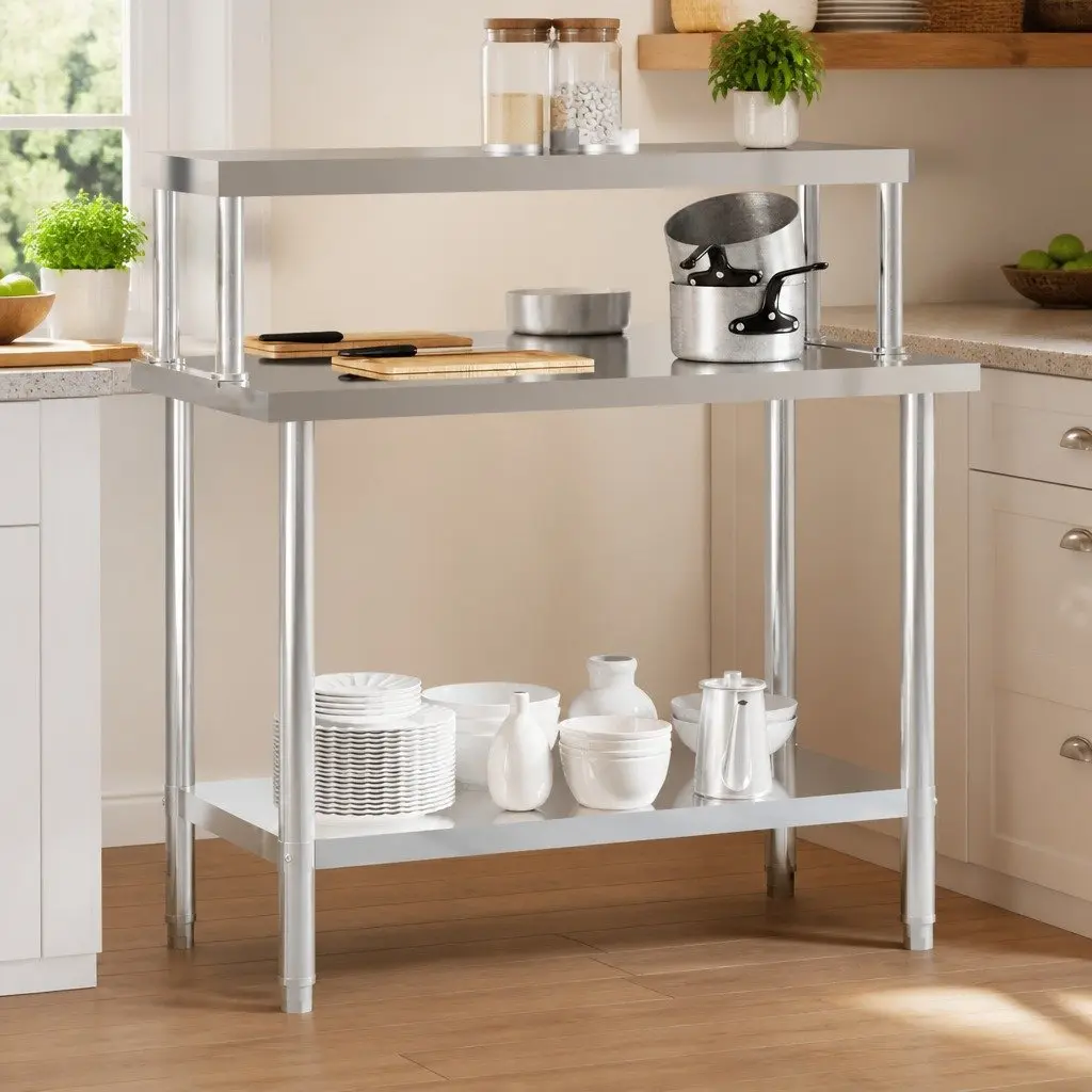 Stainless Steel Kitchen Work Table 110 x 55 x 120 cm with Overshelf and Bottom Shelf for Food Preparation