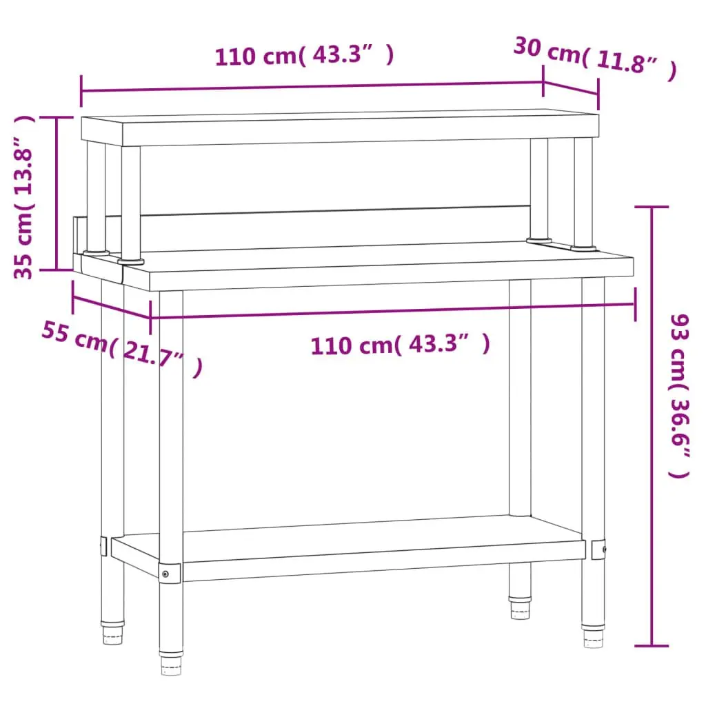 Stainless Steel Kitchen Work Table 110 x 55 x 120 cm with Overshelf and Bottom Shelf for Food Preparation