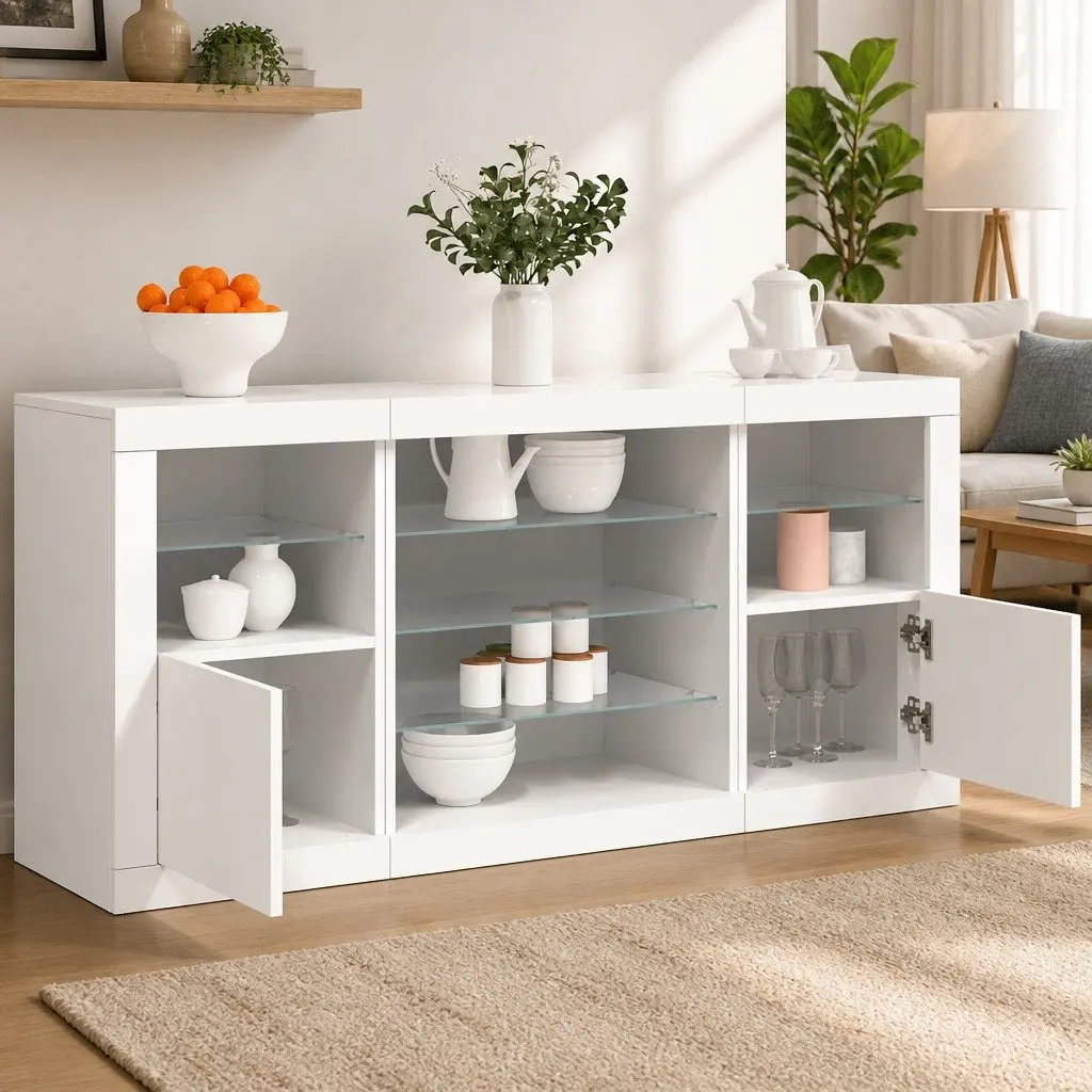 White Sideboard 142.5cm Modern Storage Cabinet with RGB LED Lights