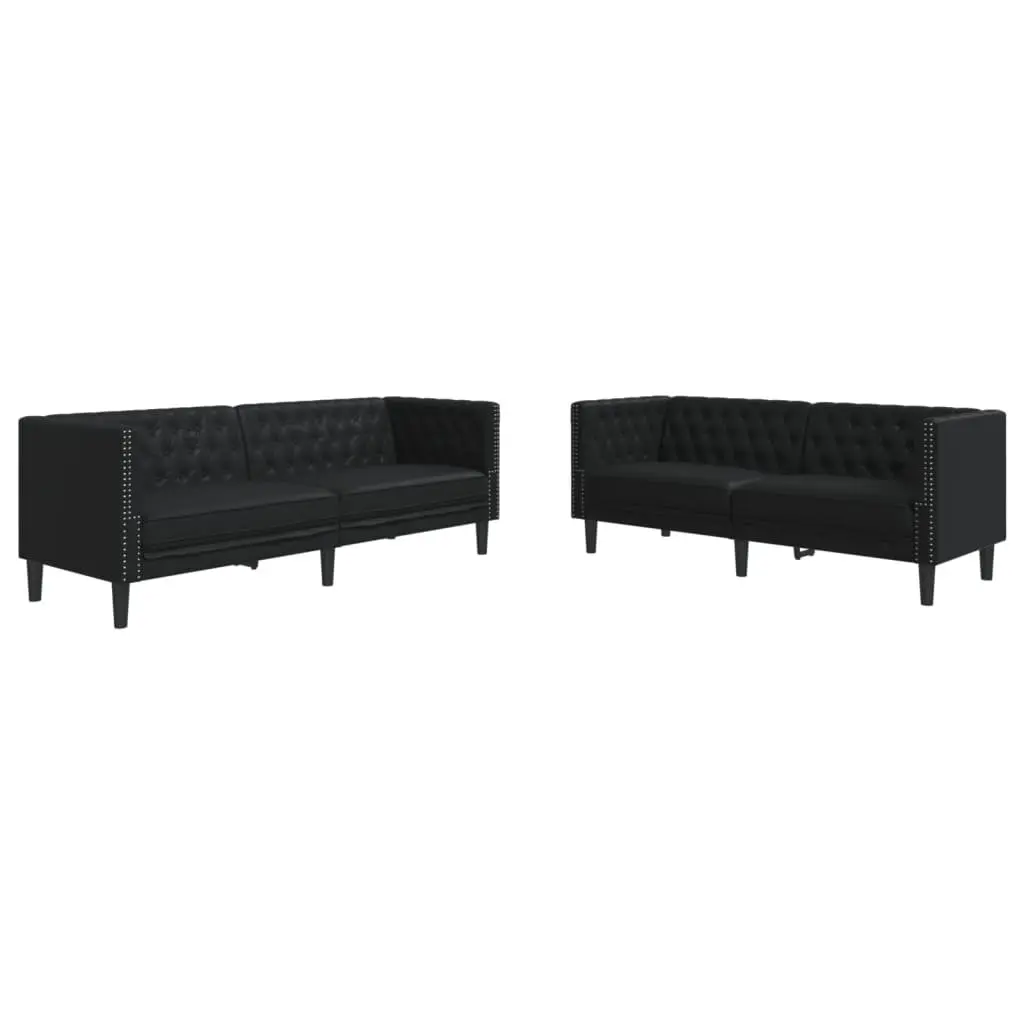 Chesterfield Sofa Set 2 Piece Black Faux Leather Button Tufted Living Room