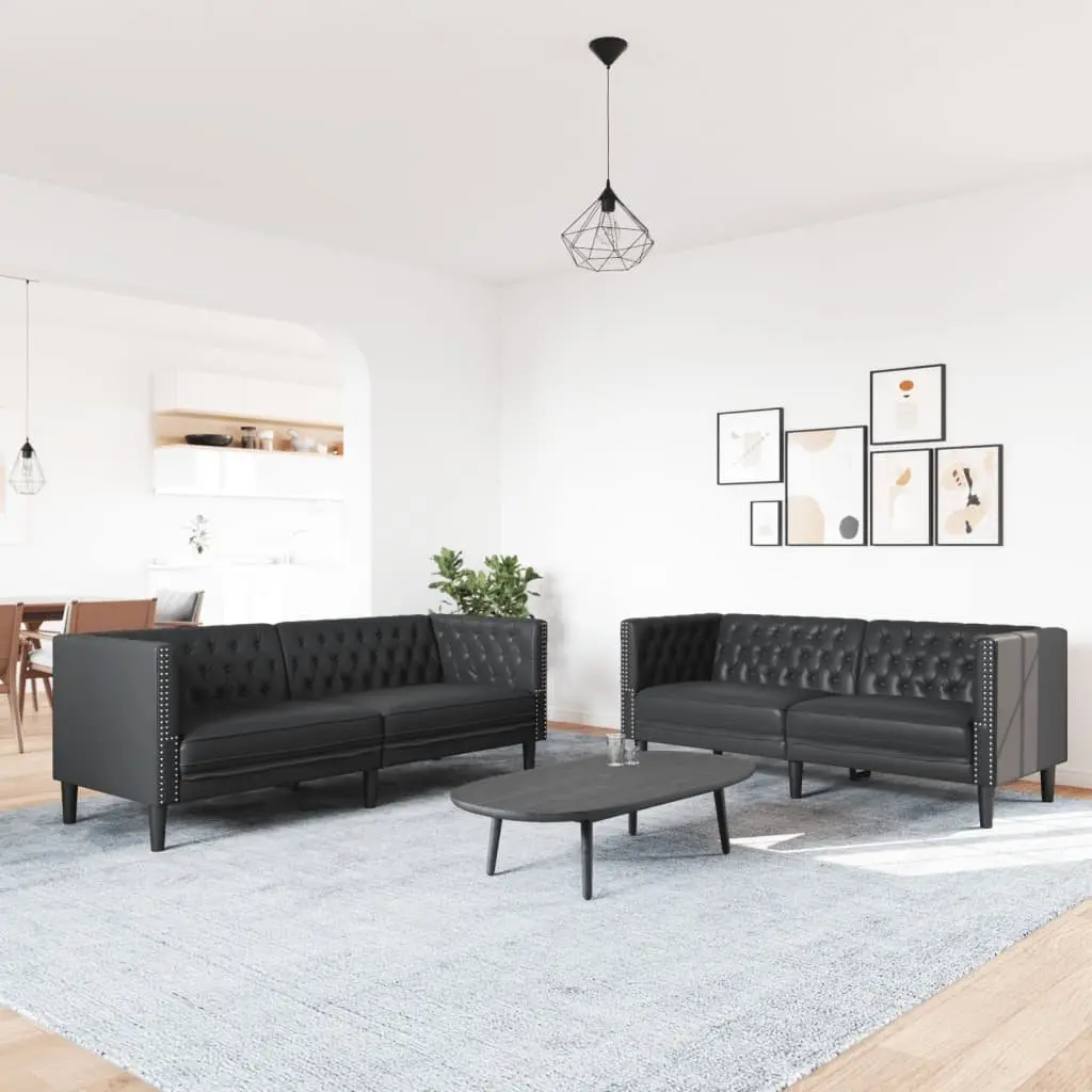 Chesterfield Sofa Set 2 Piece Black Faux Leather Button Tufted Living Room