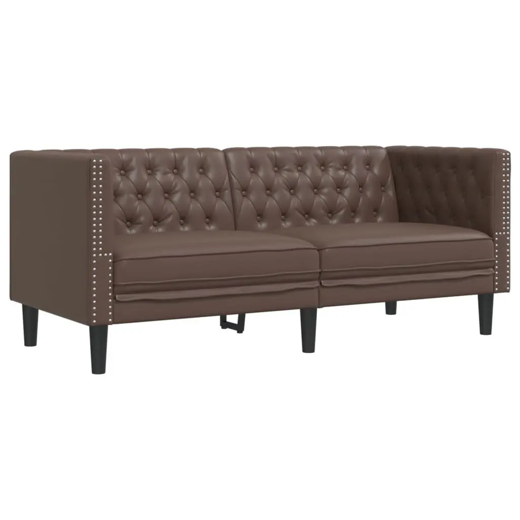 Chesterfield Sofa Set Brown Faux Leather Upholstery Button Tufted 2 Piece Living Room Suite