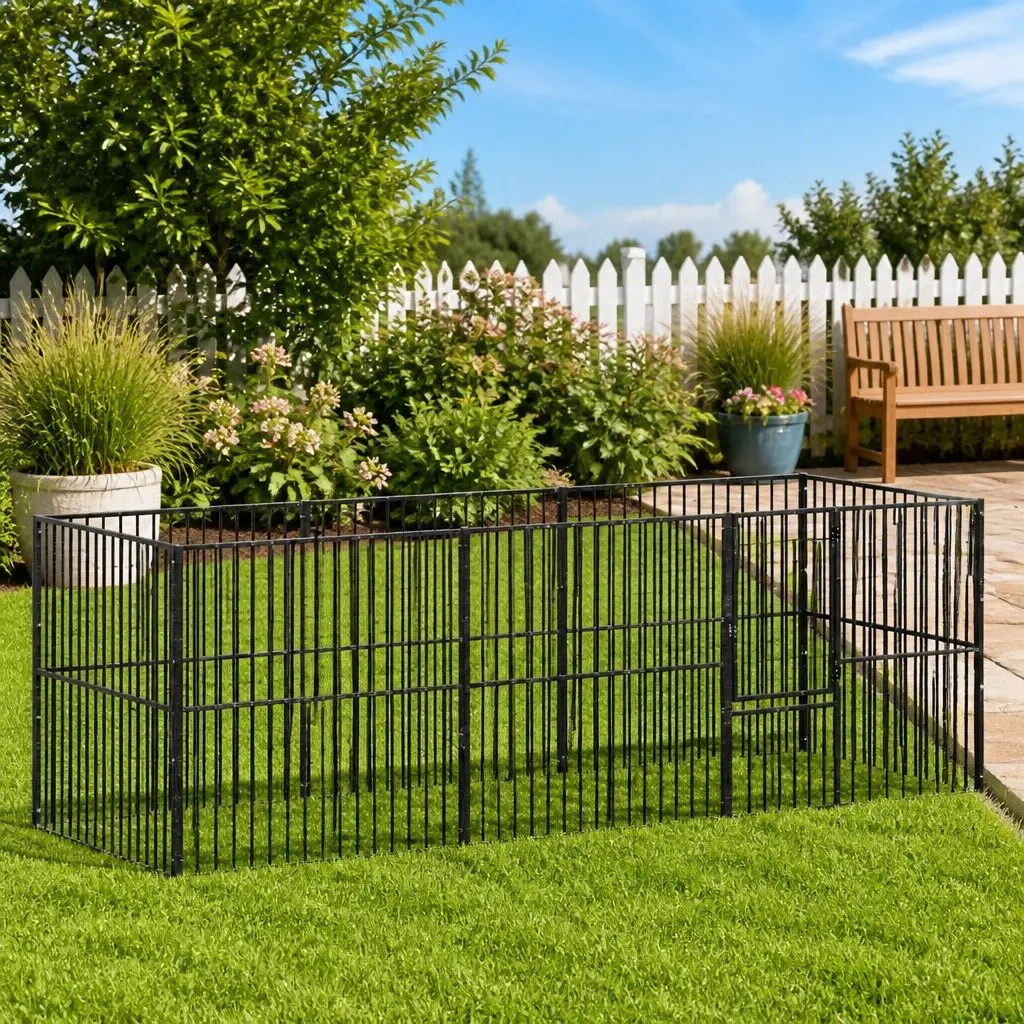 Outdoor Dog Playpen 8 Panel Heavy-Duty Black Galvanised Steel Pet Enclosure for Safe Exercise and Training