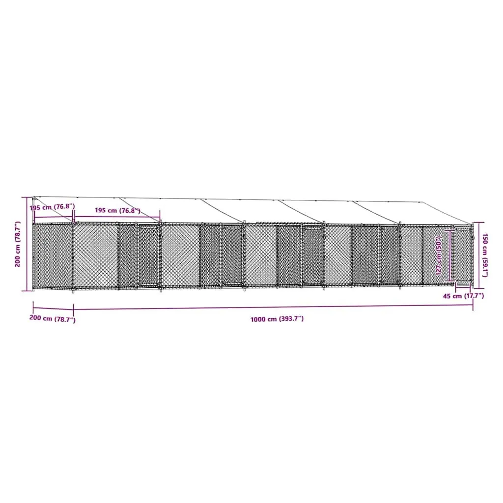 Dog Kennel Outdoor Cage 10 x 2 x 2 m Heavy-duty Galvanised Steel with Roof Lockable Doors Grey