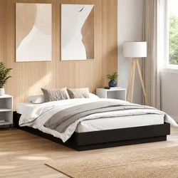 Black Bed Frame 150x200 cm Engineered Wood Slats Bedroom Furniture No Mattress