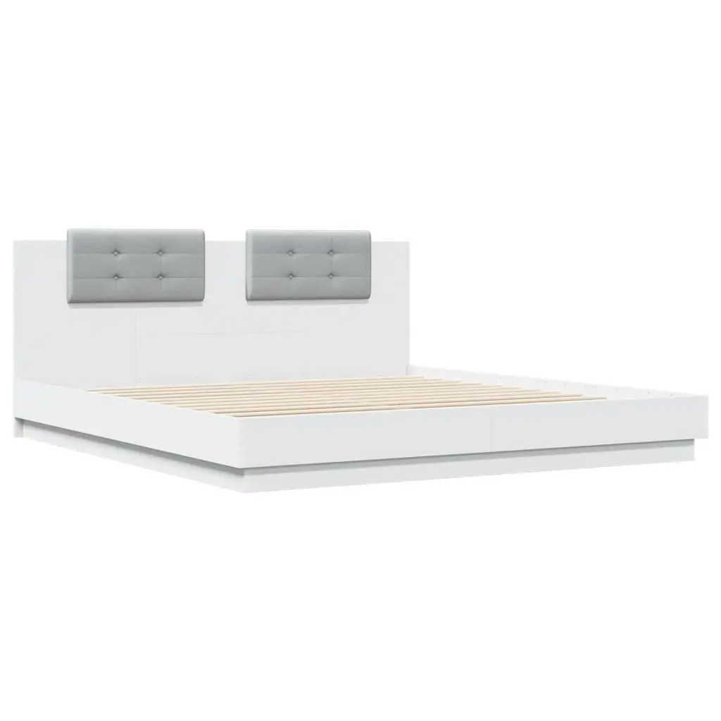 King Bed Frame 183x203 cm White with Headboard Engineered Wood Plywood Slats