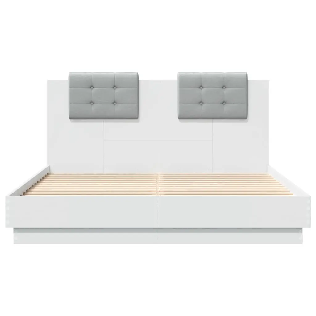Bed Frame 150x200 cm White Engineered Wood Headboard Foam Padded Slatted Base