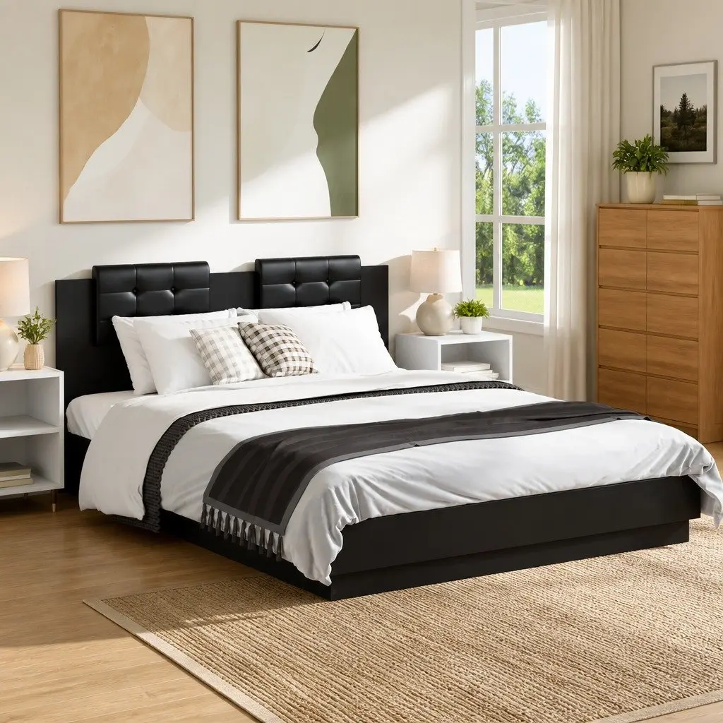 Bed Frame 150x200 cm Black Engineered Wood with Headboard and Plywood Slats
