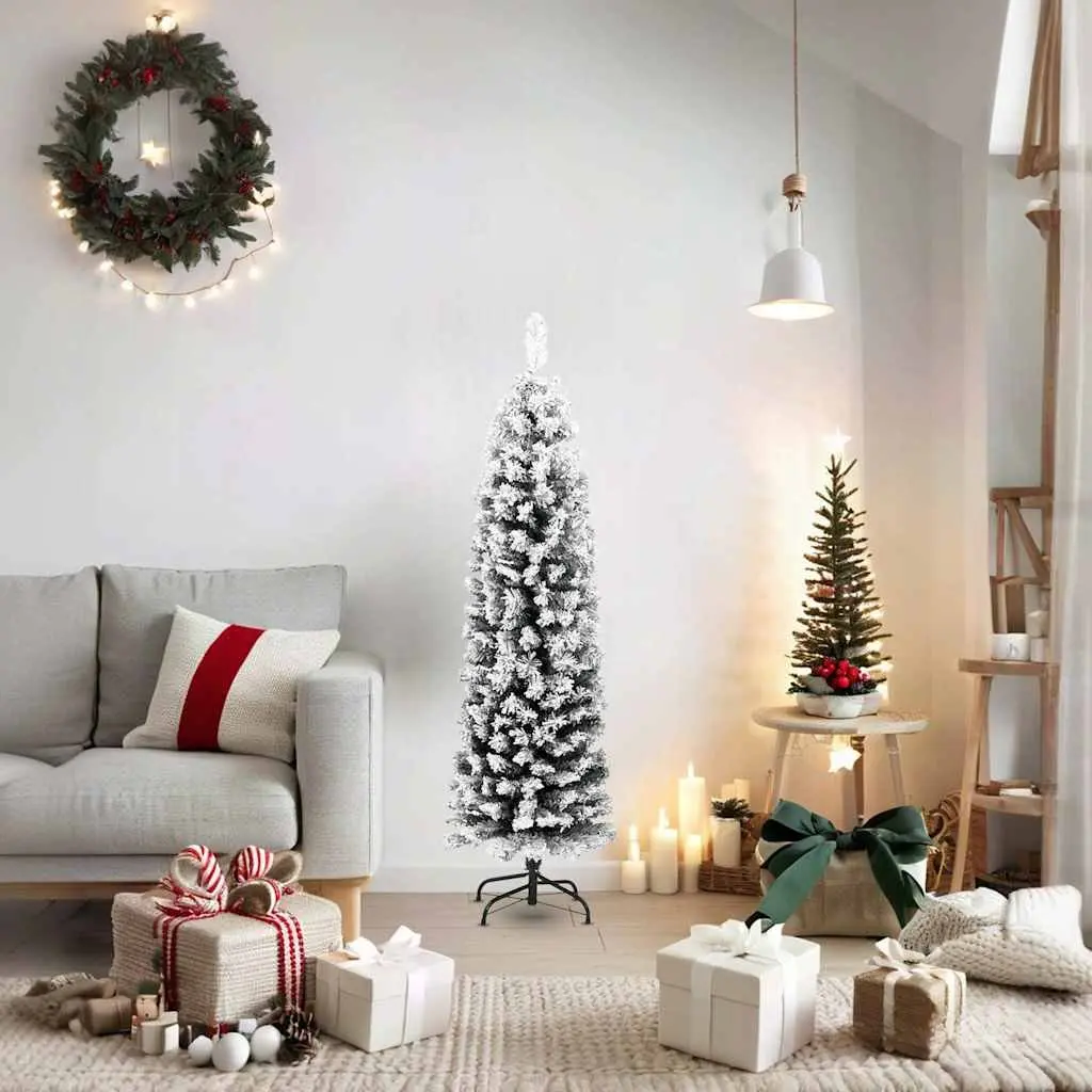 Slim Artificial Christmas Tree 150cm Green Flocked Snow Detail Indoor Outdoor