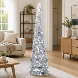 Pop-up Artificial Christmas Tree Silver 150cm Indoor Outdoor Holiday Decoration