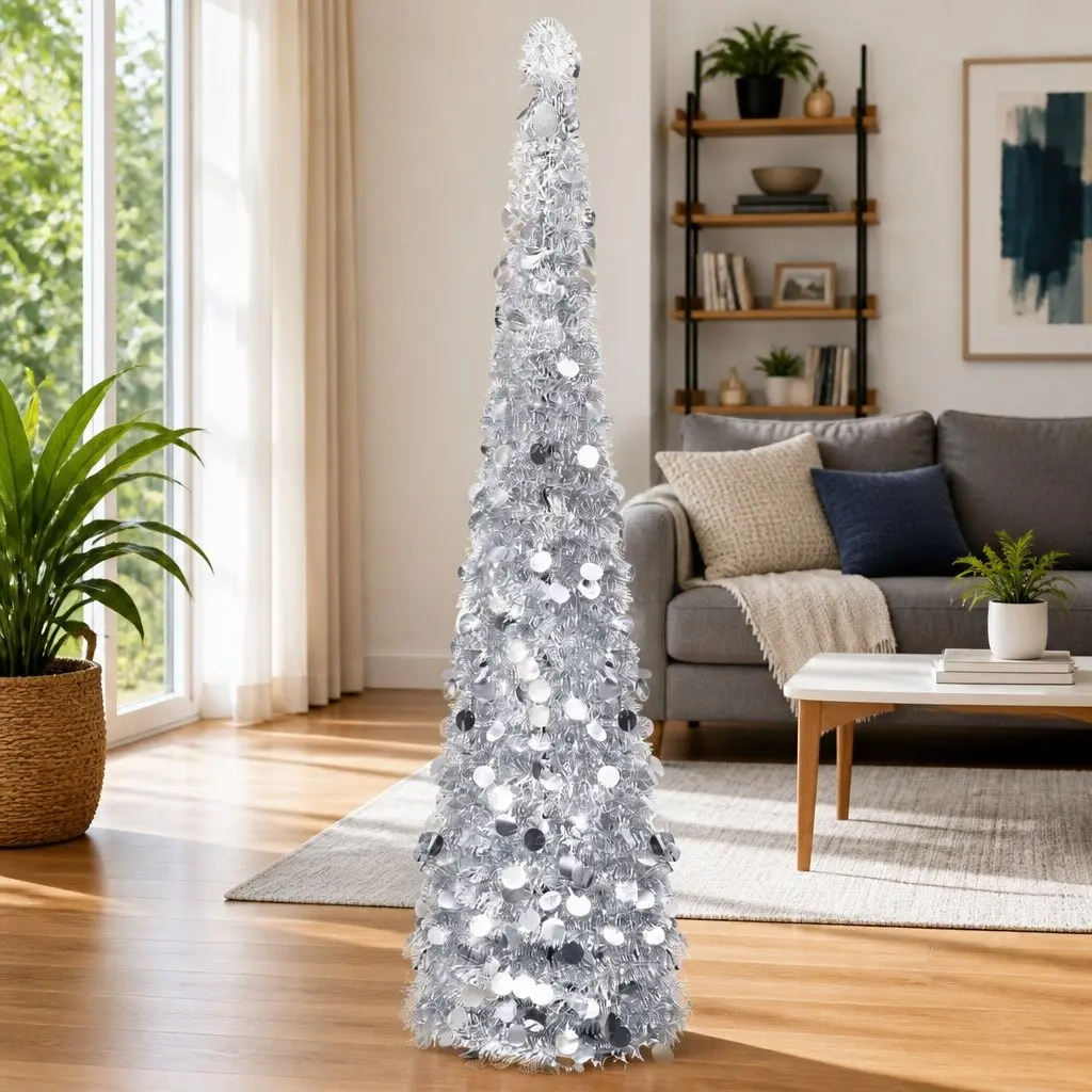 Pop-up Artificial Christmas Tree 180 cm Silver Collapsible Holiday Decoration