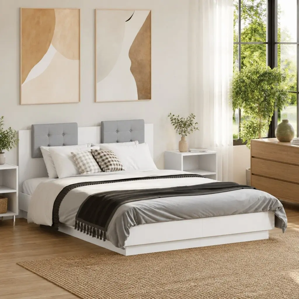 White Bed Frame 135x190 cm with RGB LED Lights Headboard for Contemporary Bedroom