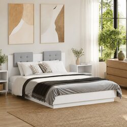 White Bed Frame with RGB LED Lights Headboard 135x190 cm Platform Bedroom
