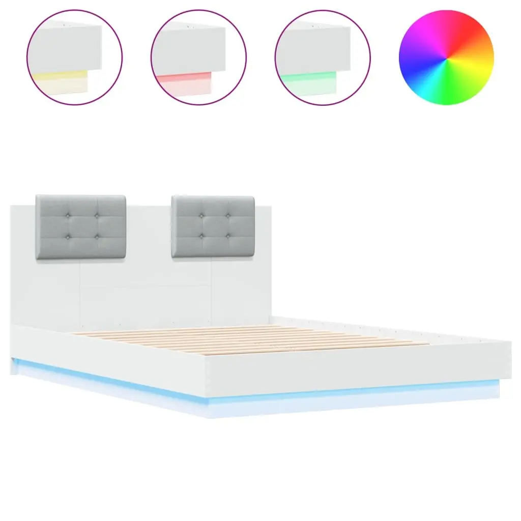 White Bed Frame 135x190 cm with RGB LED Lights Headboard for Contemporary Bedroom