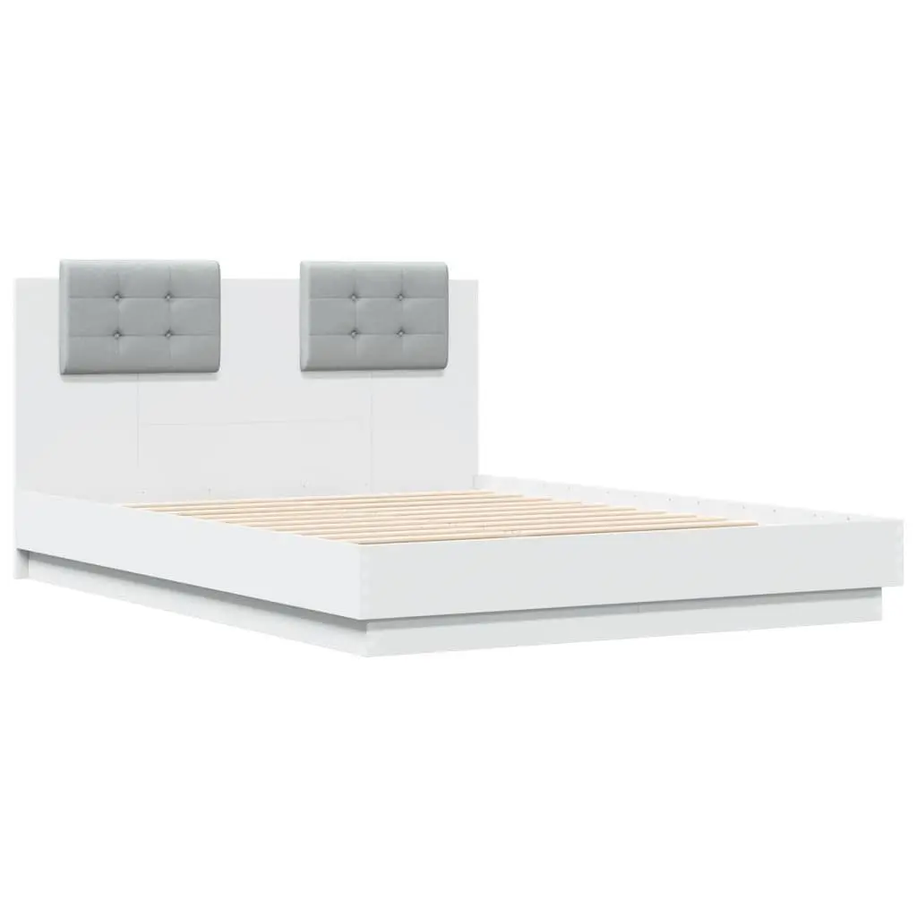 White Bed Frame 135x190 cm with RGB LED Lights Headboard for Contemporary Bedroom