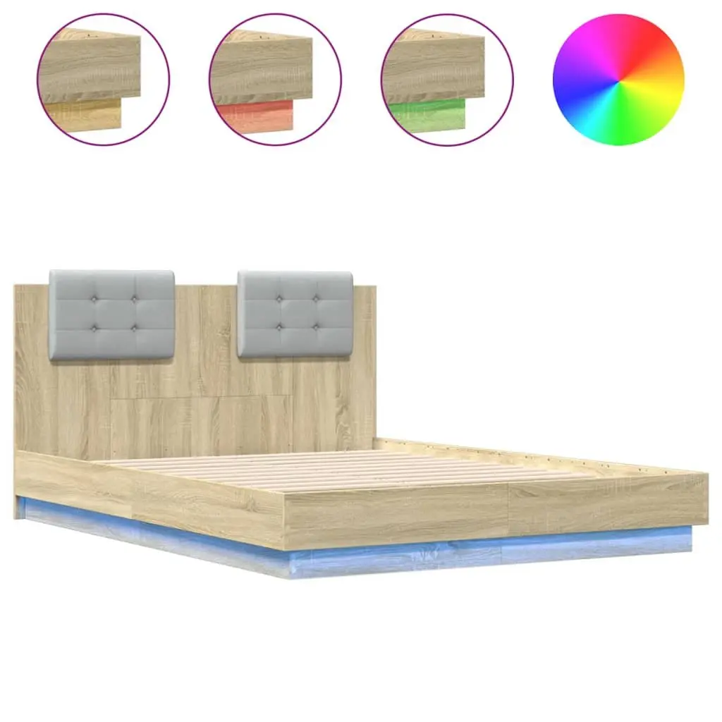 Bed Frame 135x190cm with LED Lights Headboard Brown Engineered Wood Slatted Base