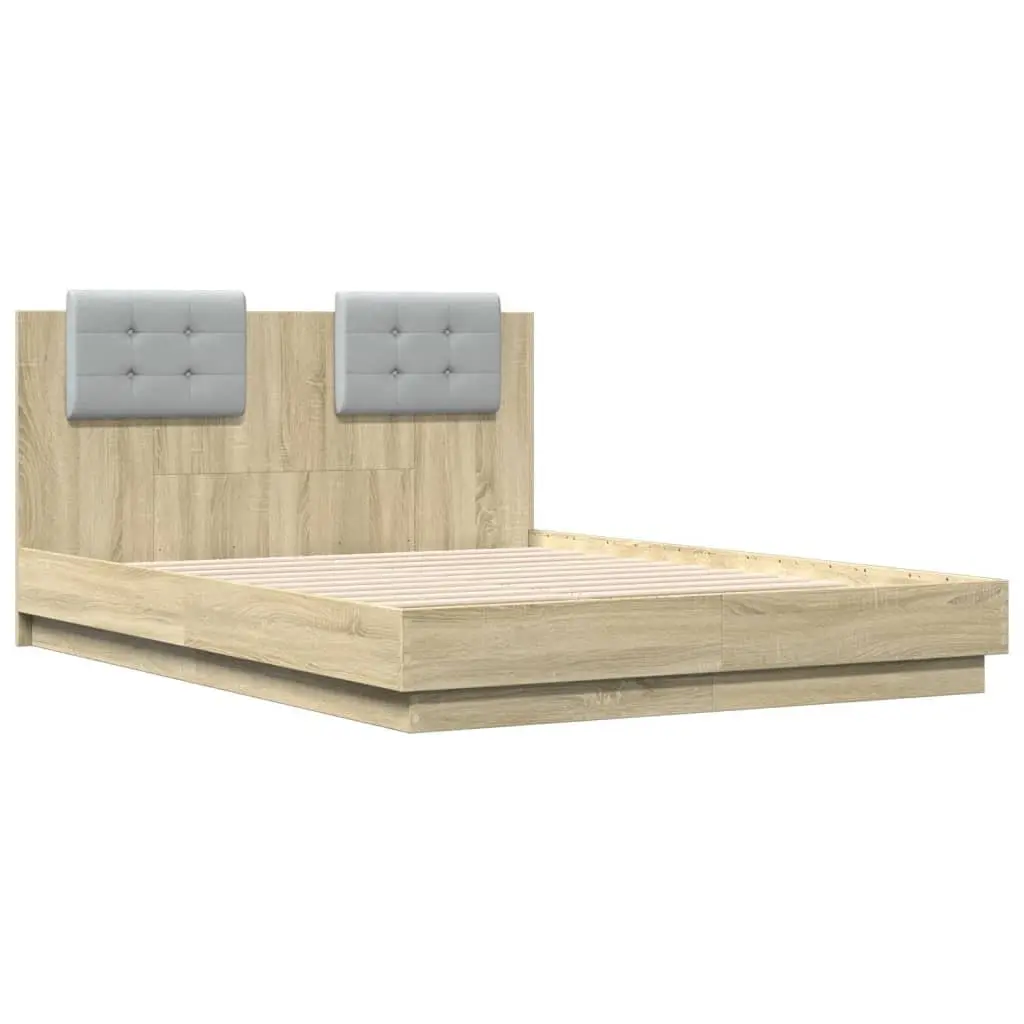 Bed Frame 135x190cm with LED Lights Headboard Brown Engineered Wood Slatted Base