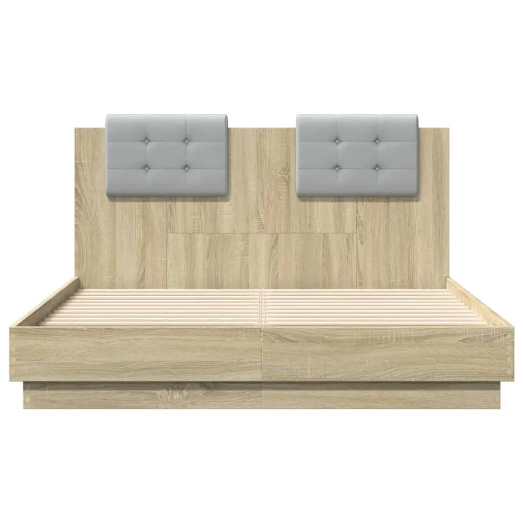 Bed Frame 135x190cm with LED Lights Headboard Brown Engineered Wood Slatted Base