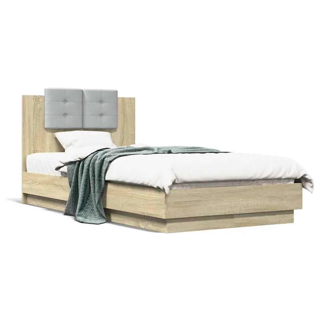 Bed Frame 90x190cm with Headboard RGB LED Lights Slatted Base Sonoma Oak