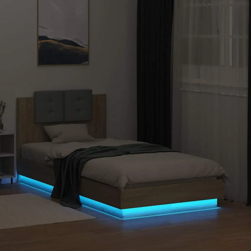 Bed Frame 90x190cm with Headboard RGB LED Lights Slatted Base Sonoma Oak