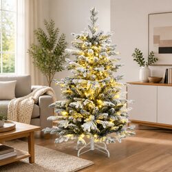 Artificial Hinged Christmas Tree 150 LEDs Flocked Snow 120cm Green Xmas Decor