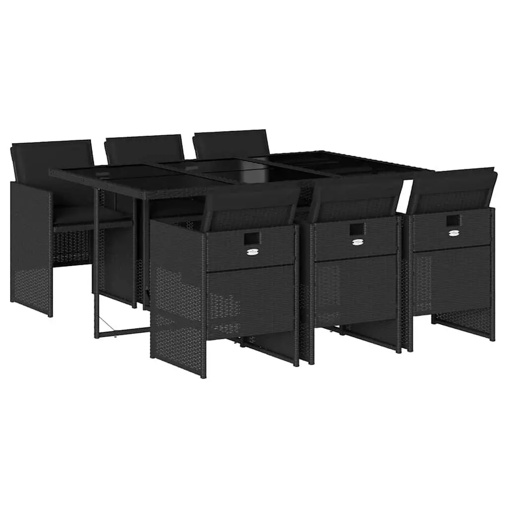7 Piece Garden Dining Set Black Poly Rattan Chairs Table Foldable Backrests Tempered Glass Top