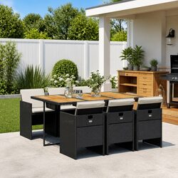 7 Piece Garden Dining Set Outdoor Patio Furniture Black Poly Rattan Chairs Table